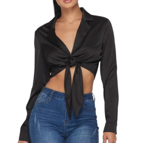 Tops - M&L: Black Self Tie Front Blouse